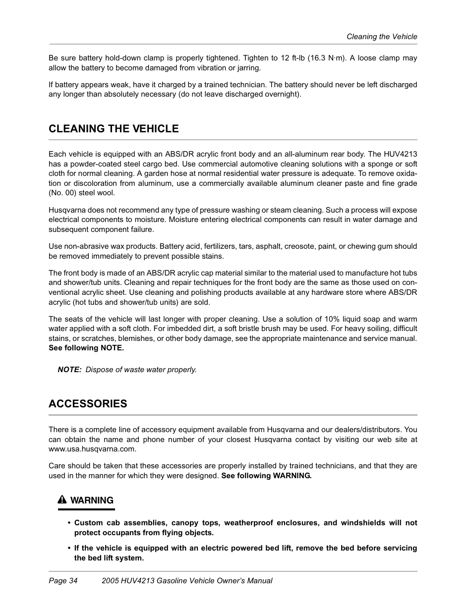 Cleaning the vehicle, Accessories | Husqvarna HUV4213 User Manual | Page 36 / 46