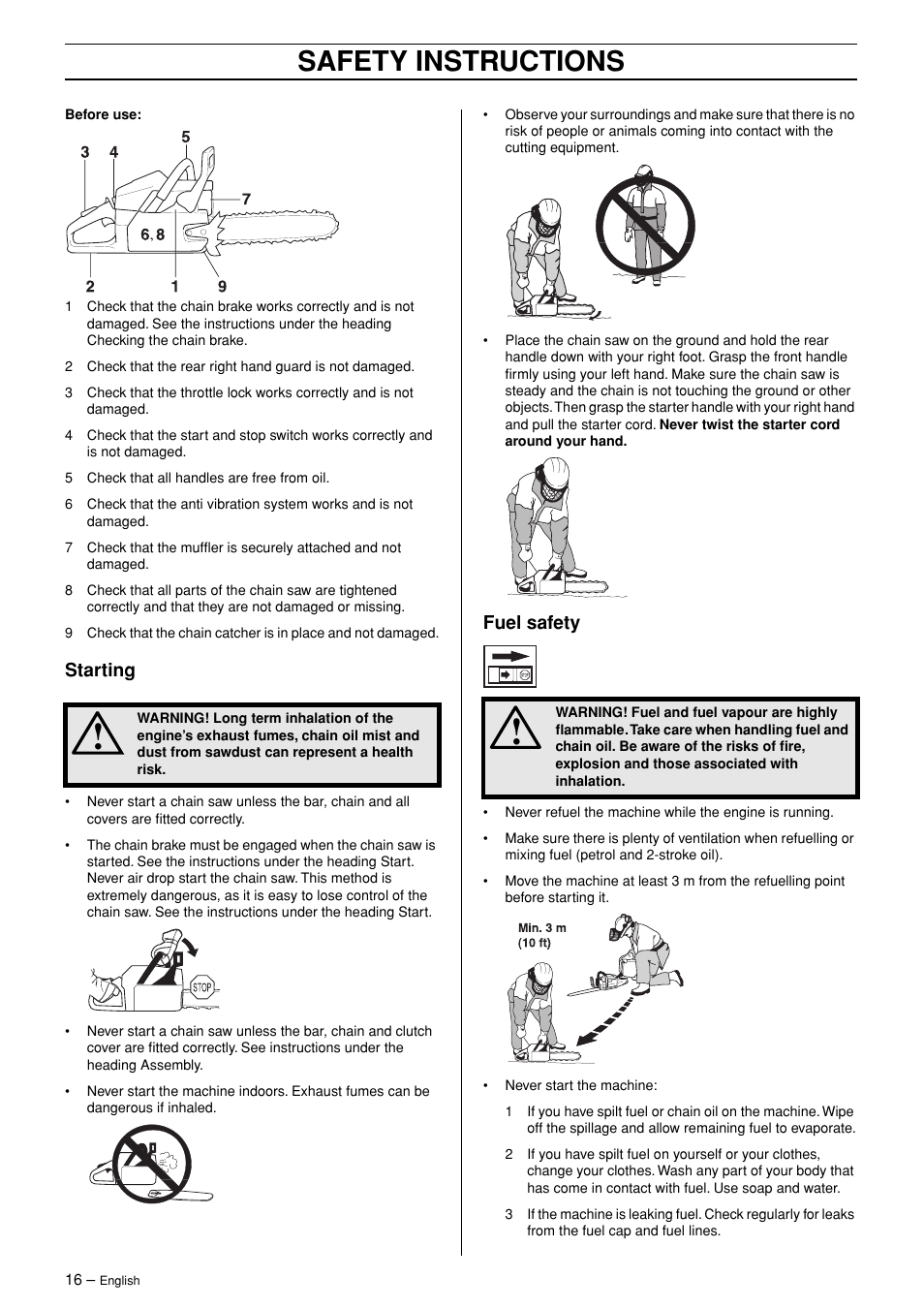 Starting, Fuel safety, Safety instructions | Husqvarna 3120XP User Manual | Page 16 / 36