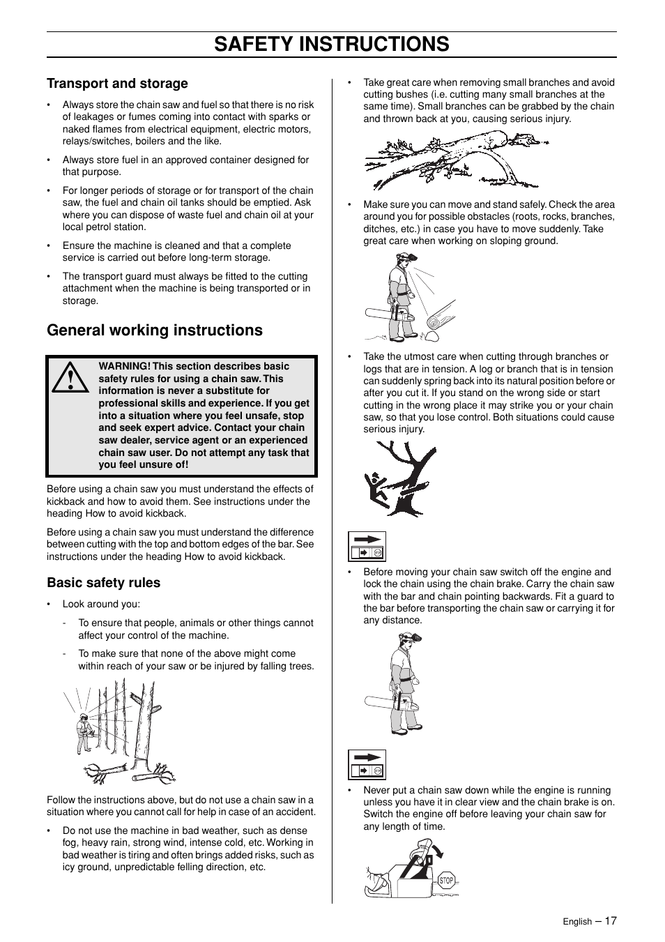 Transport and storage, General working instructions, Basic safety rules | Safety instructions | Husqvarna 3120XP User Manual | Page 17 / 36
