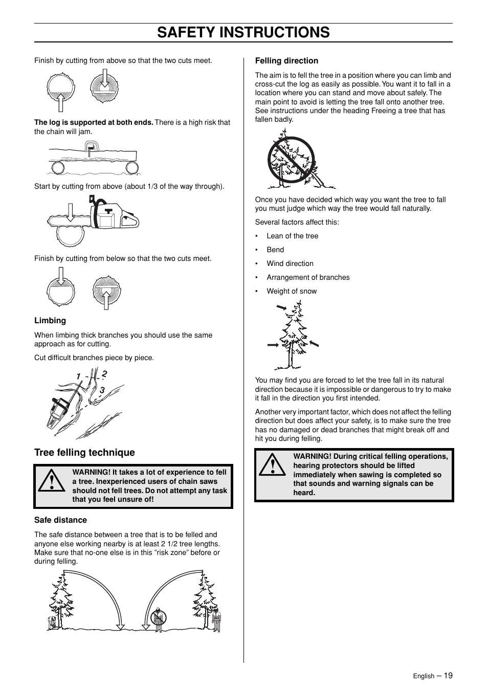 Tree felling technique, Safety instructions | Husqvarna 3120XP User Manual | Page 19 / 36
