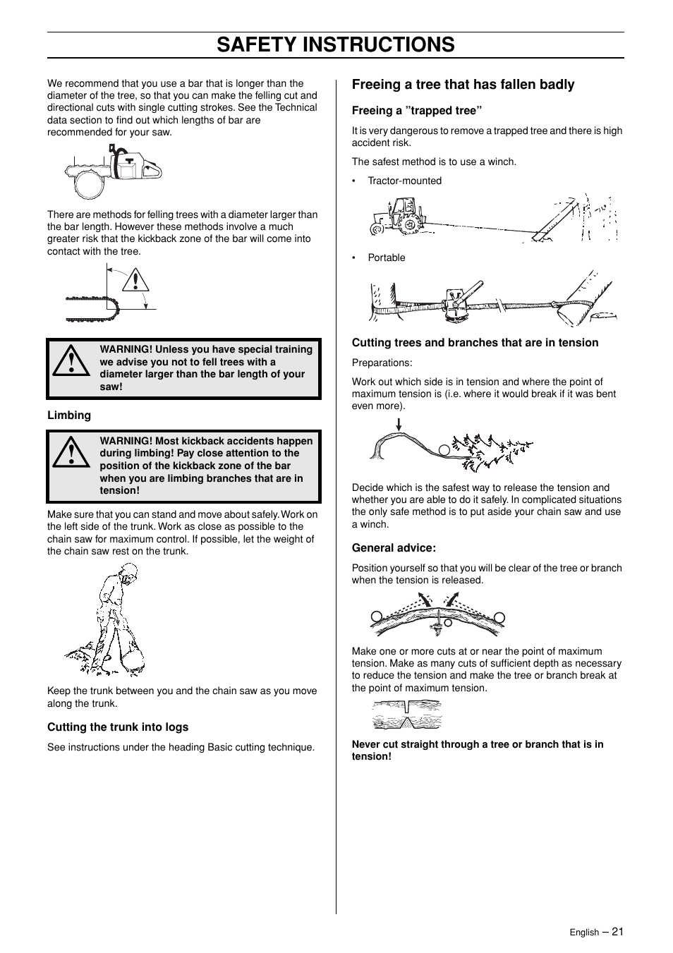 Freeing a tree that has fallen badly, Safety instructions | Husqvarna 3120XP User Manual | Page 21 / 36