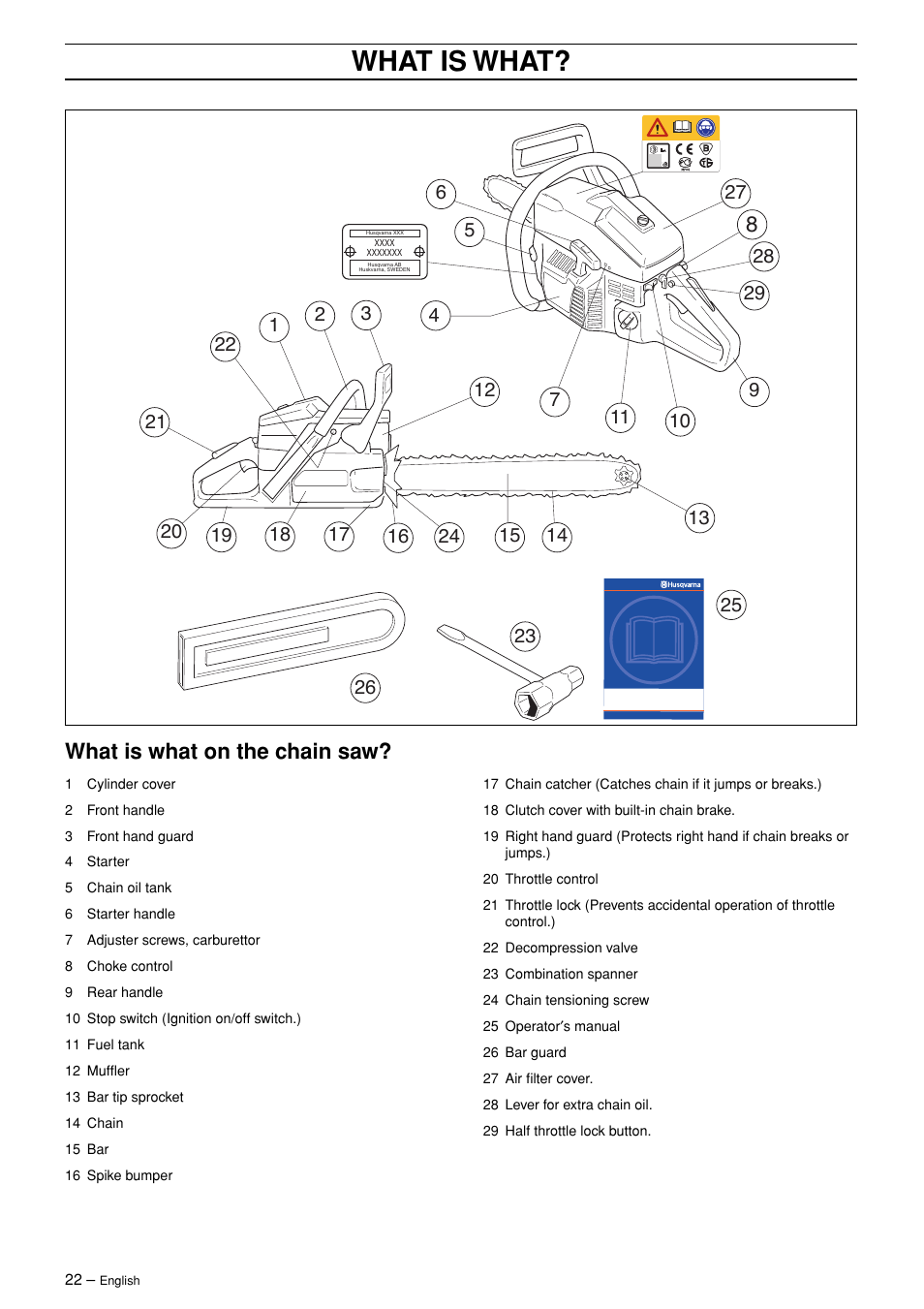 What is what, What is what on the chain saw | Husqvarna 3120XP User Manual | Page 22 / 36