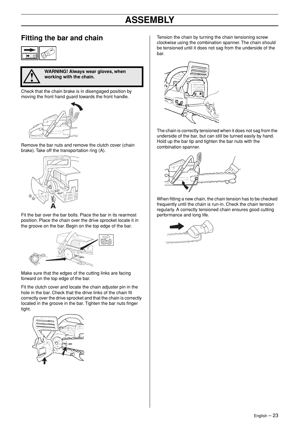 Fitting the bar and chain, Assembly | Husqvarna 3120XP User Manual | Page 23 / 36