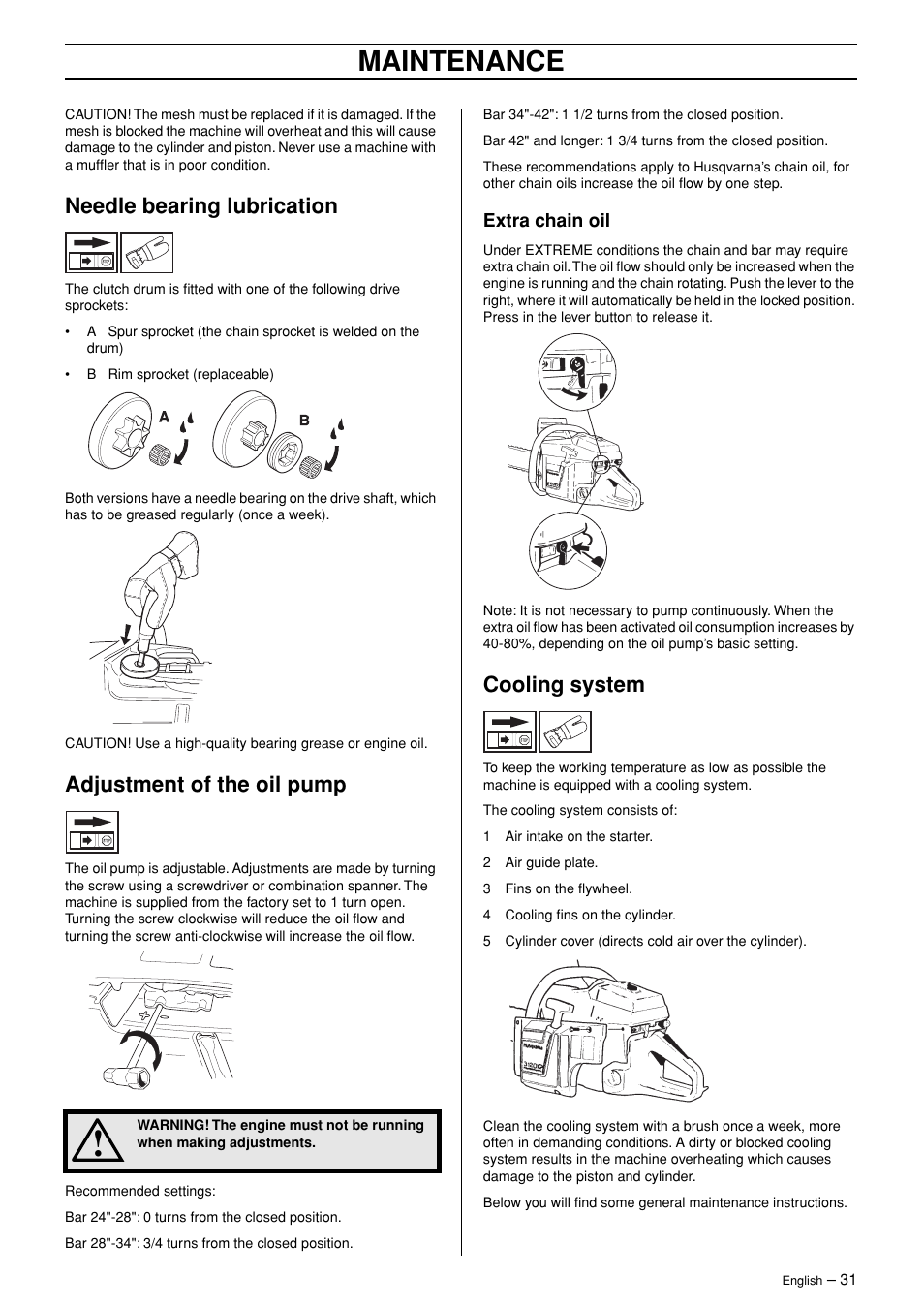 Needle bearing lubrication, Adjustment of the oil pump, Extra chain oil | Cooling system, Maintenance | Husqvarna 3120XP User Manual | Page 31 / 36