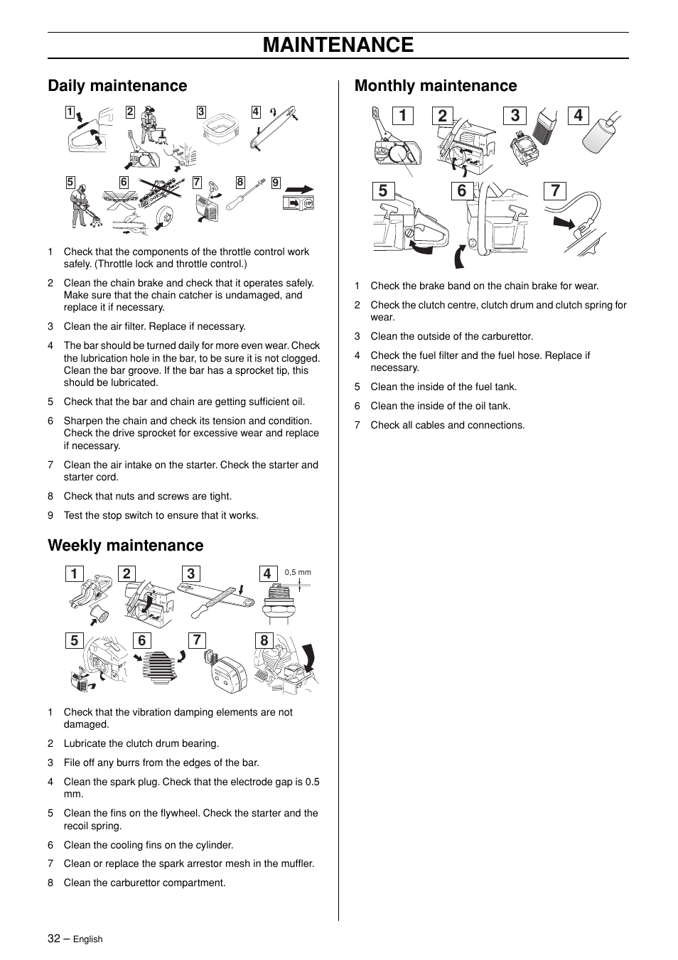 Daily maintenance, Weekly maintenance, Monthly maintenance | Maintenance | Husqvarna 3120XP User Manual | Page 32 / 36