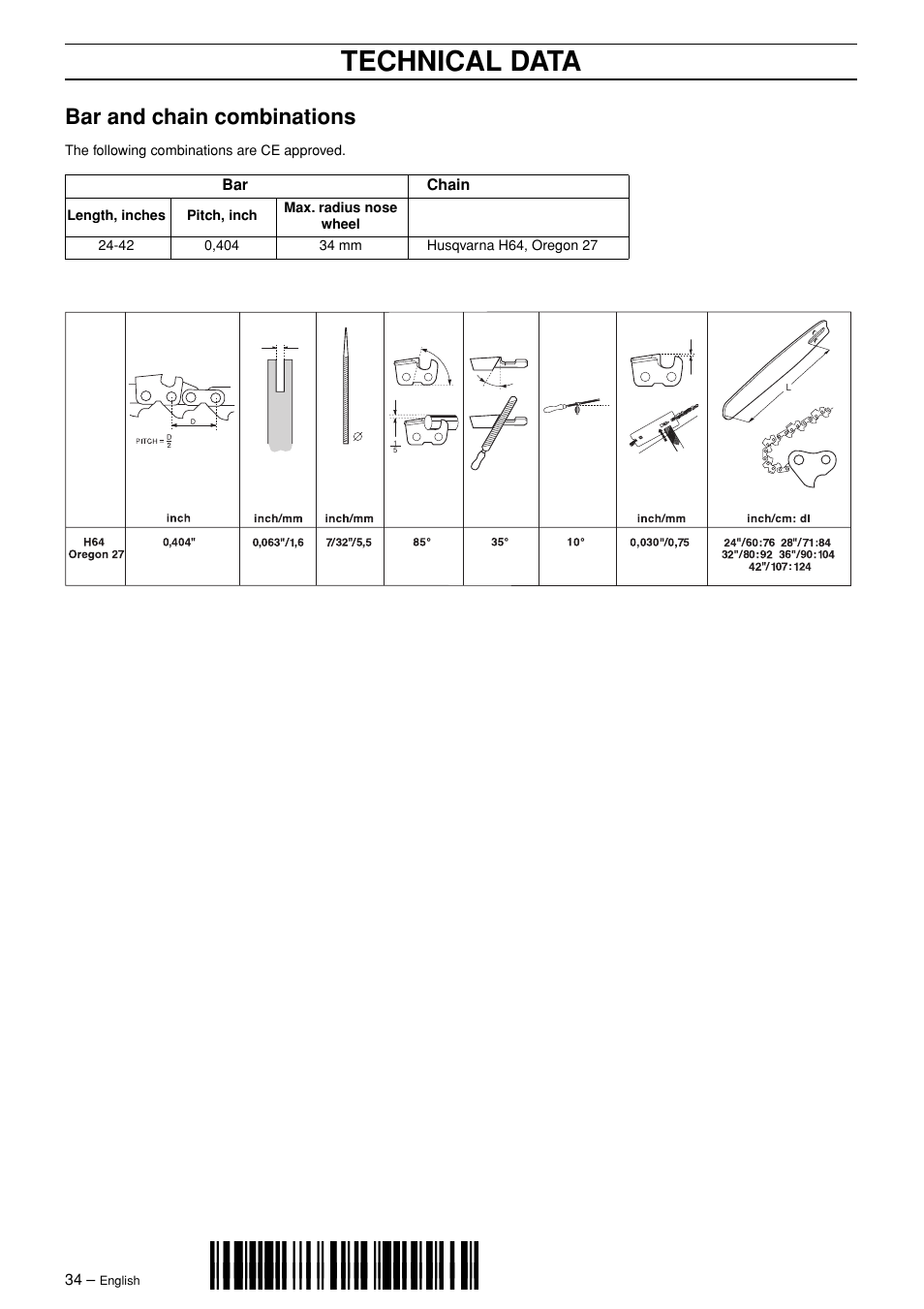 Bar and chain combinations, Z+h<t¶6v, Technical data | Husqvarna 3120XP User Manual | Page 34 / 36