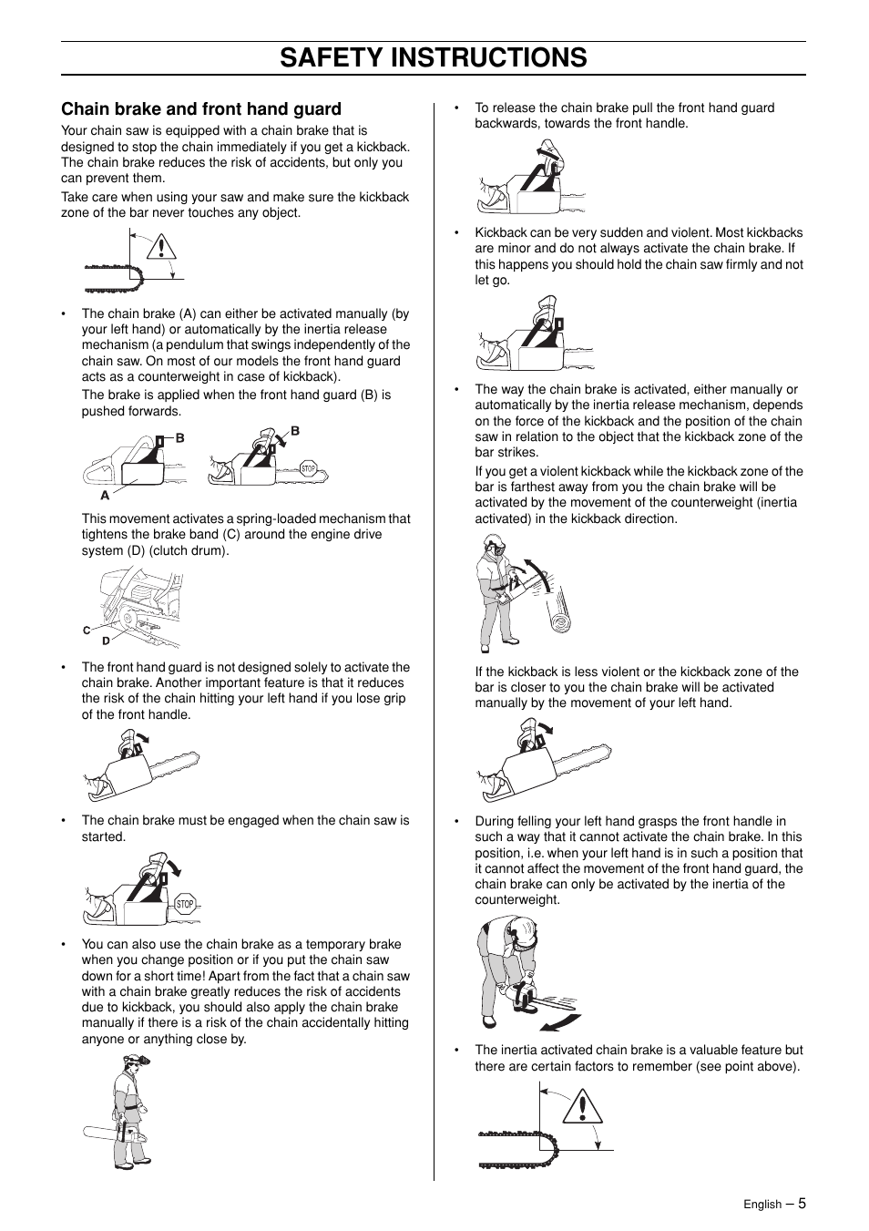 Chain brake and front hand guard, Safety instructions | Husqvarna 3120XP User Manual | Page 5 / 36