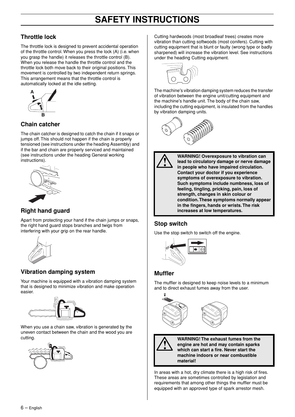 Throttle lock, Chain catcher, Right hand guard | Vibration damping system, Stop switch, Muffler, Safety instructions | Husqvarna 3120XP User Manual | Page 6 / 36