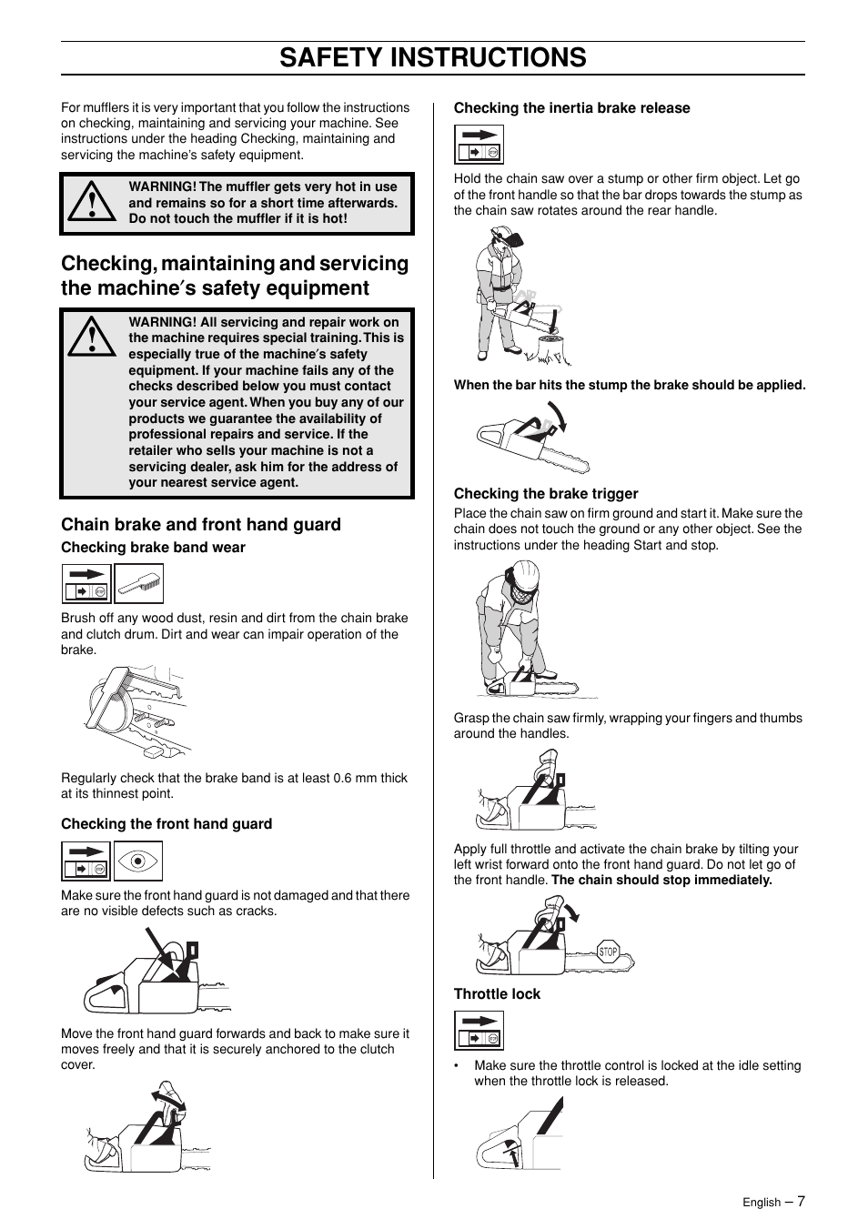 Chain brake and front hand guard, Safety instructions | Husqvarna 3120XP User Manual | Page 7 / 36