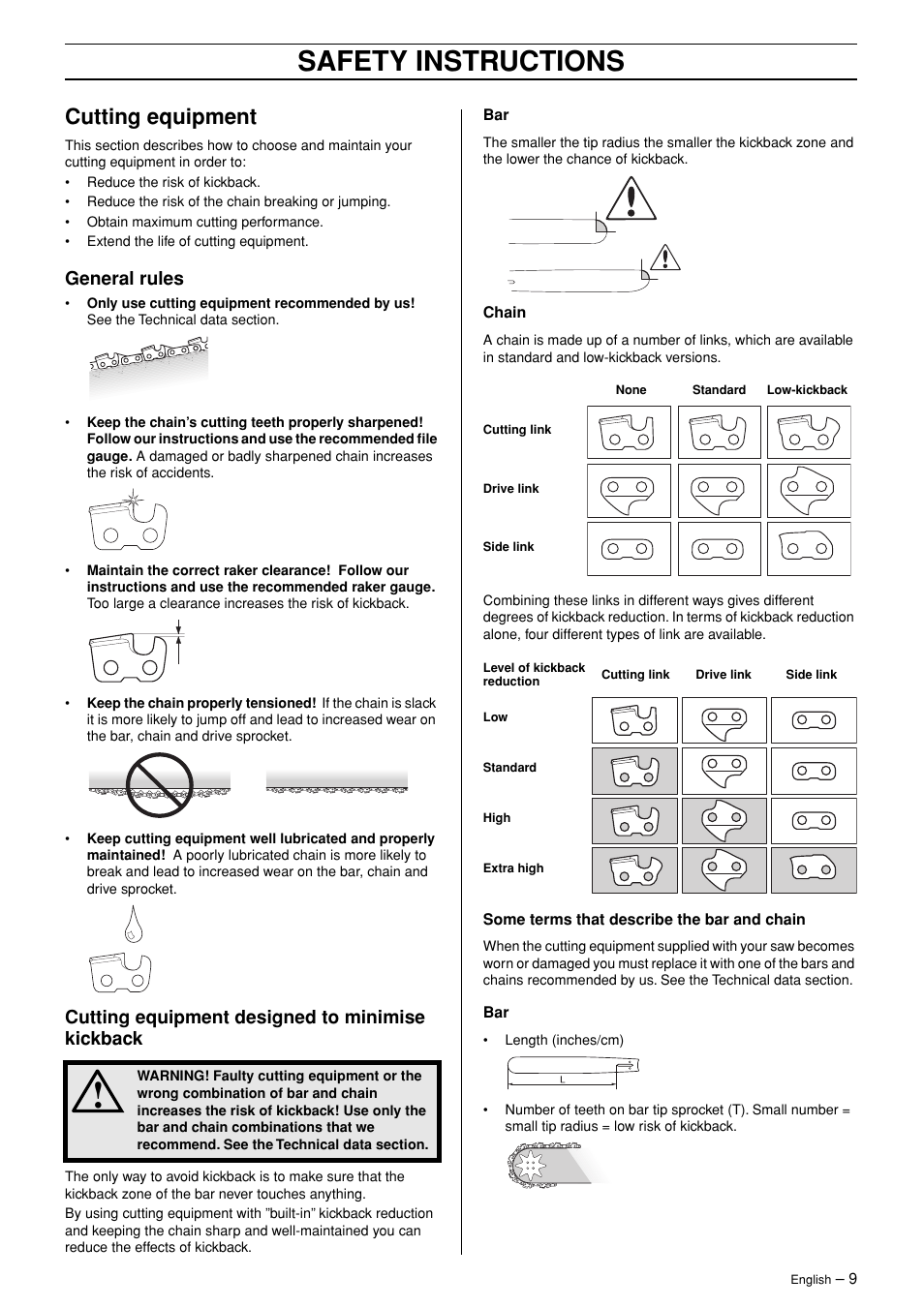 Cutting equipment, General rules, Cutting equipment designed to minimise kickback | Safety instructions | Husqvarna 3120XP User Manual | Page 9 / 36