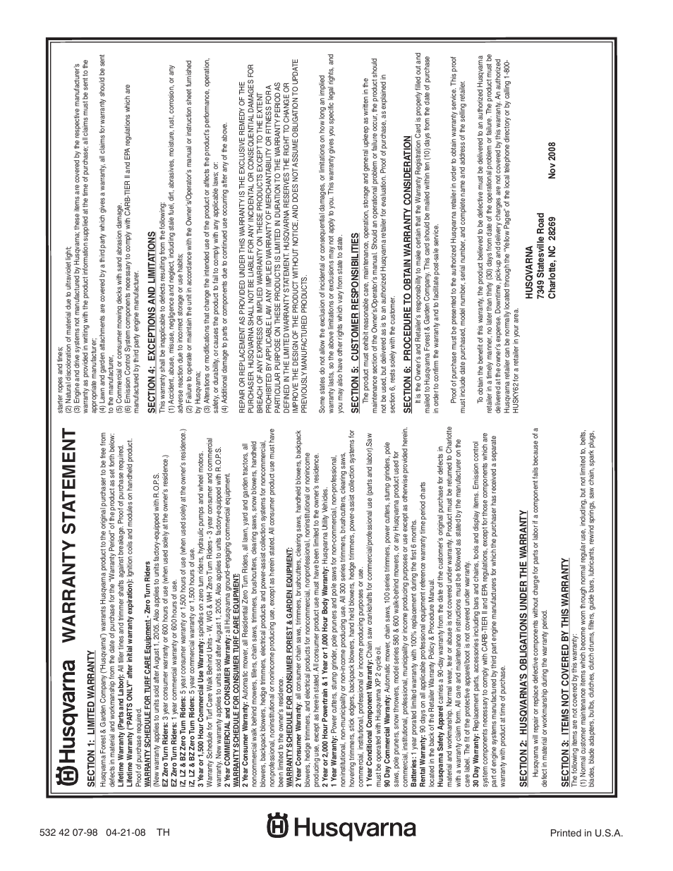 Warranty statements, Warranty st a tement | Husqvarna 96045000502 User Manual | Page 44 / 44