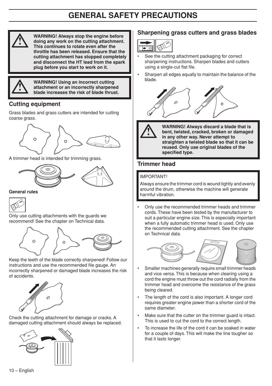 Cutting equipment, Sharpening grass cutters and grass blades, Trimmer head | General safety precautions | Husqvarna 333RJ User Manual | Page 10 / 36