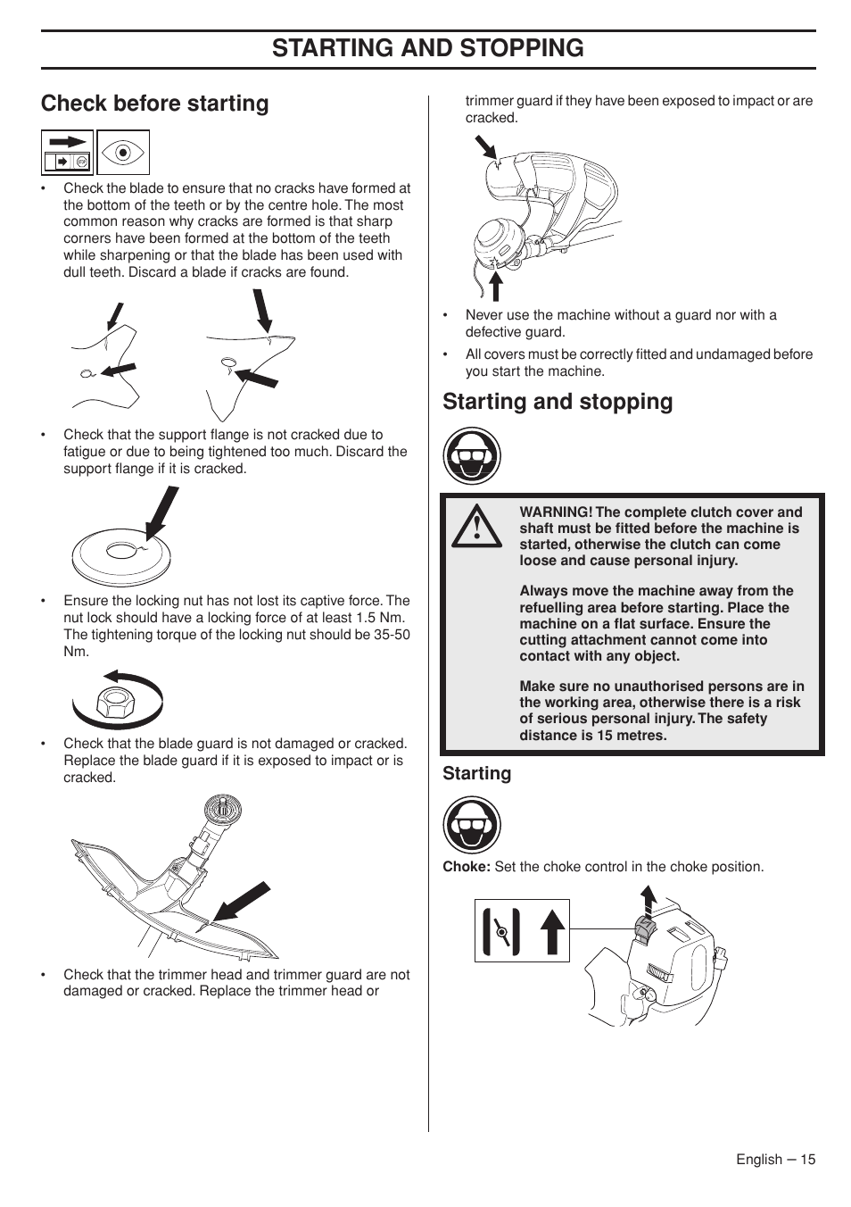 Check before starting, Starting and stopping, Starting | Husqvarna 333RJ User Manual | Page 15 / 36