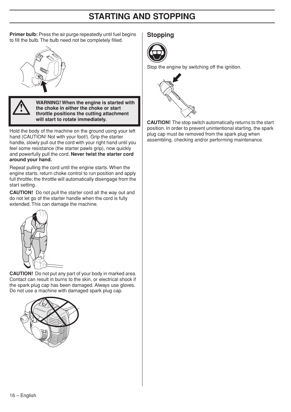 Stopping, Starting and stopping | Husqvarna 333RJ User Manual | Page 16 / 36