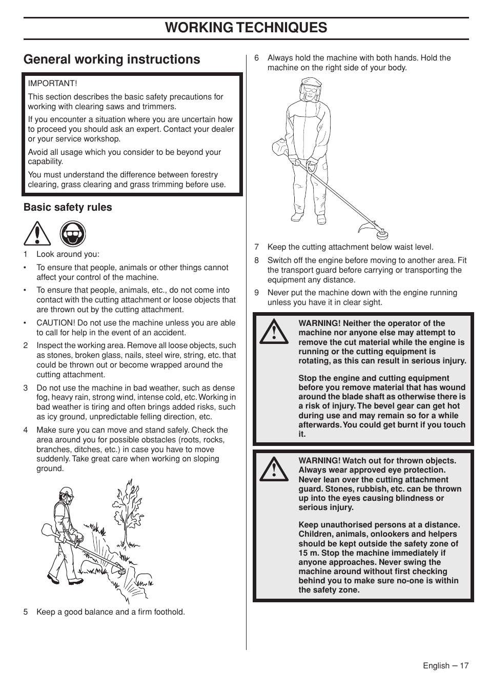 General working instructions, Basic safety rules, Working techniques | Husqvarna 333RJ User Manual | Page 17 / 36
