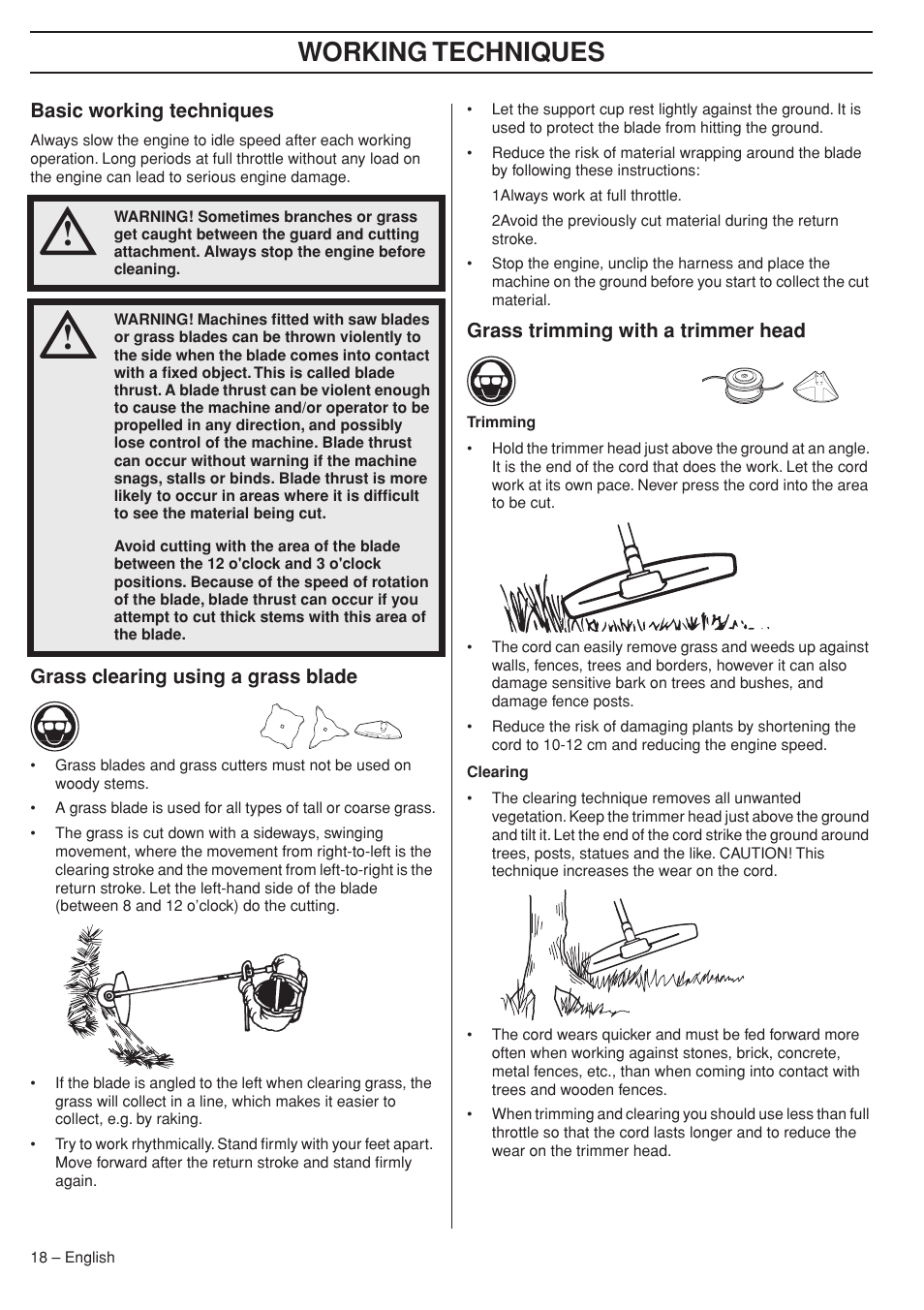 Basic working techniques, Grass clearing using a grass blade, Grass trimming with a trimmer head | Working techniques | Husqvarna 333RJ User Manual | Page 18 / 36