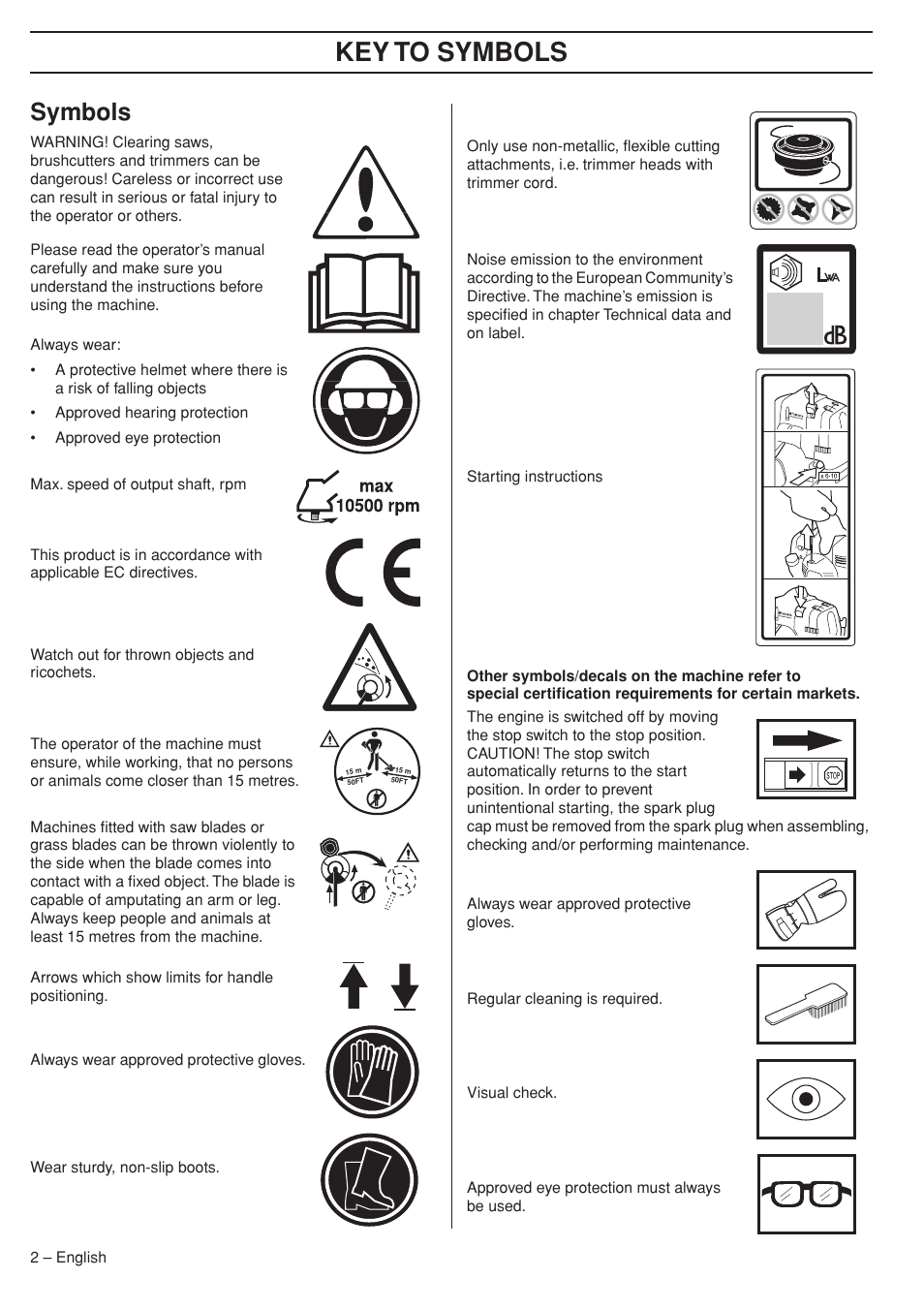 Symbols, Key t o symbols | Husqvarna 333RJ User Manual | Page 2 / 36