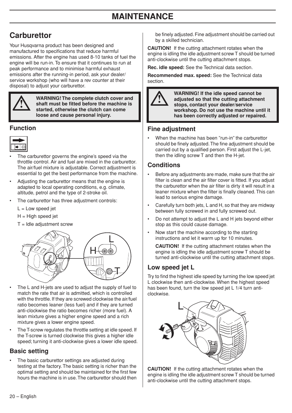 Carburettor, Function, Basic setting | Fine adjustment, Conditions, Low speed jet l, Hl t, Maintenance | Husqvarna 333RJ User Manual | Page 20 / 36