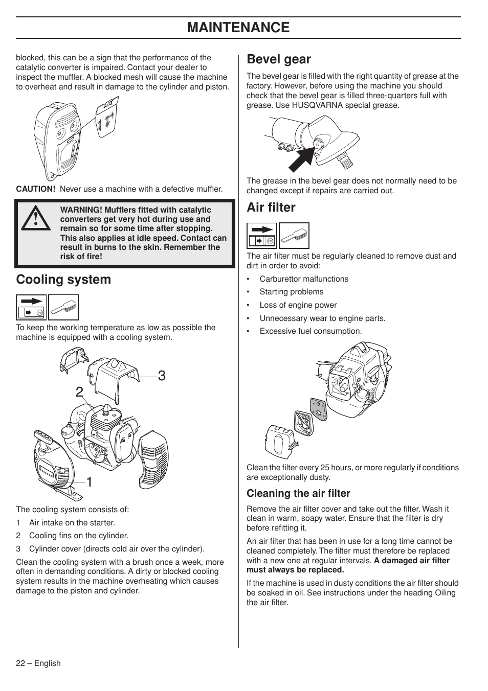 Cooling system, Bevel gear, Air filter | Cleaning the air filter, Maintenance | Husqvarna 333RJ User Manual | Page 22 / 36