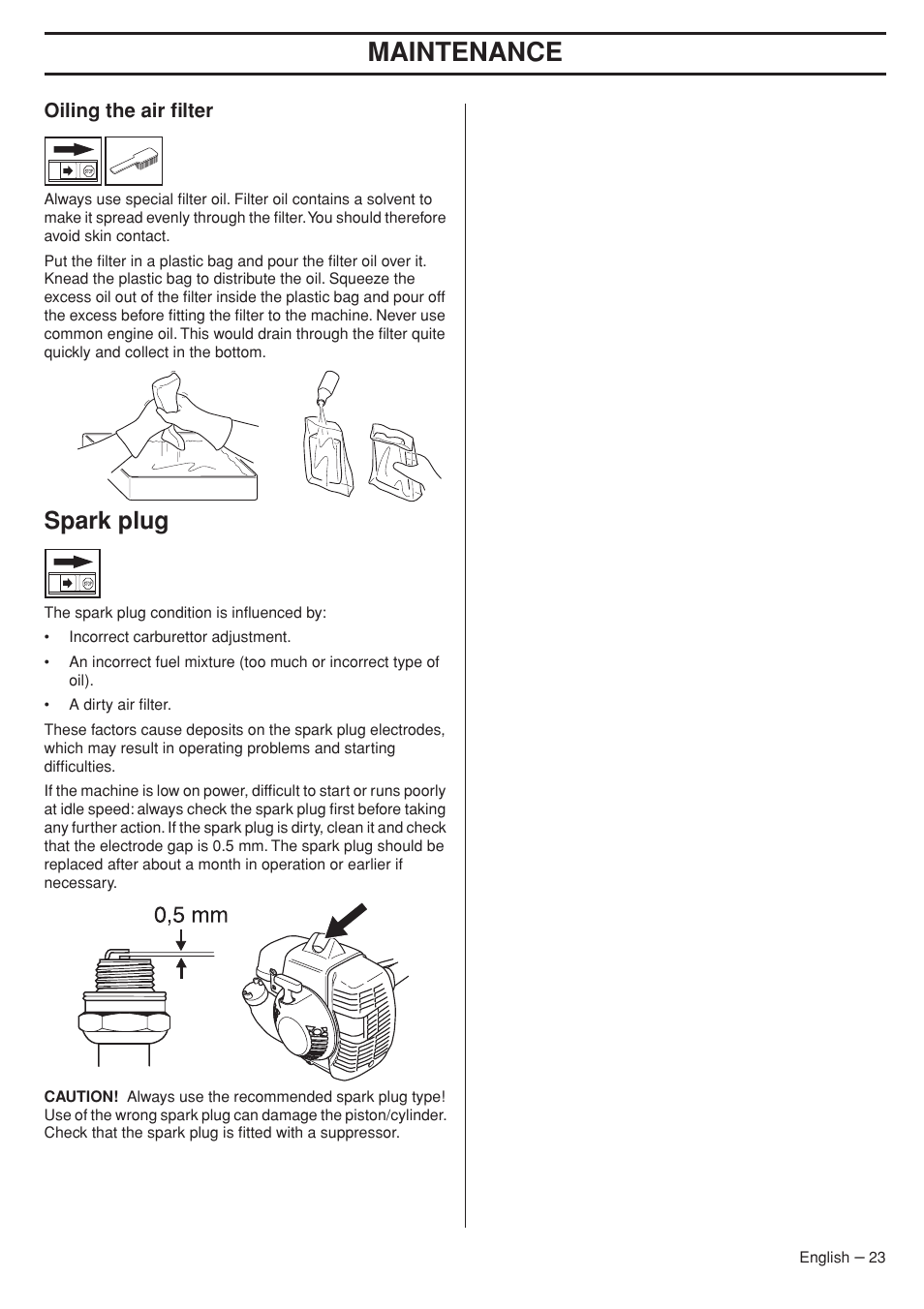 Oiling the air filter, Spark plug, Maintenance | Husqvarna 333RJ User Manual | Page 23 / 36