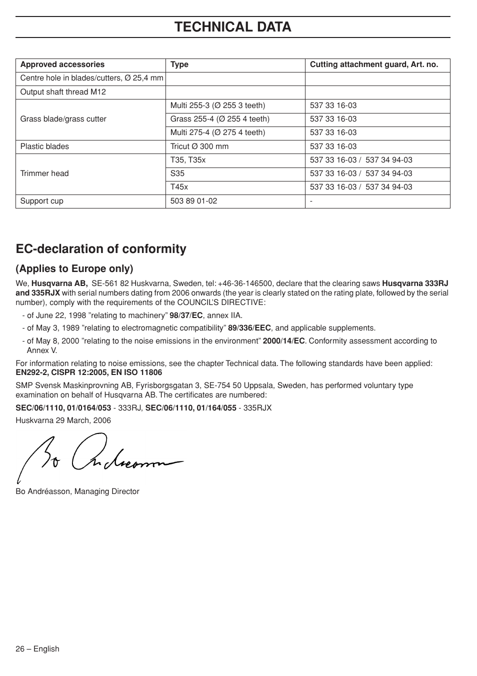 Ec-declaration of conformity, Applies to europe only), Technical data | Husqvarna 333RJ User Manual | Page 26 / 36