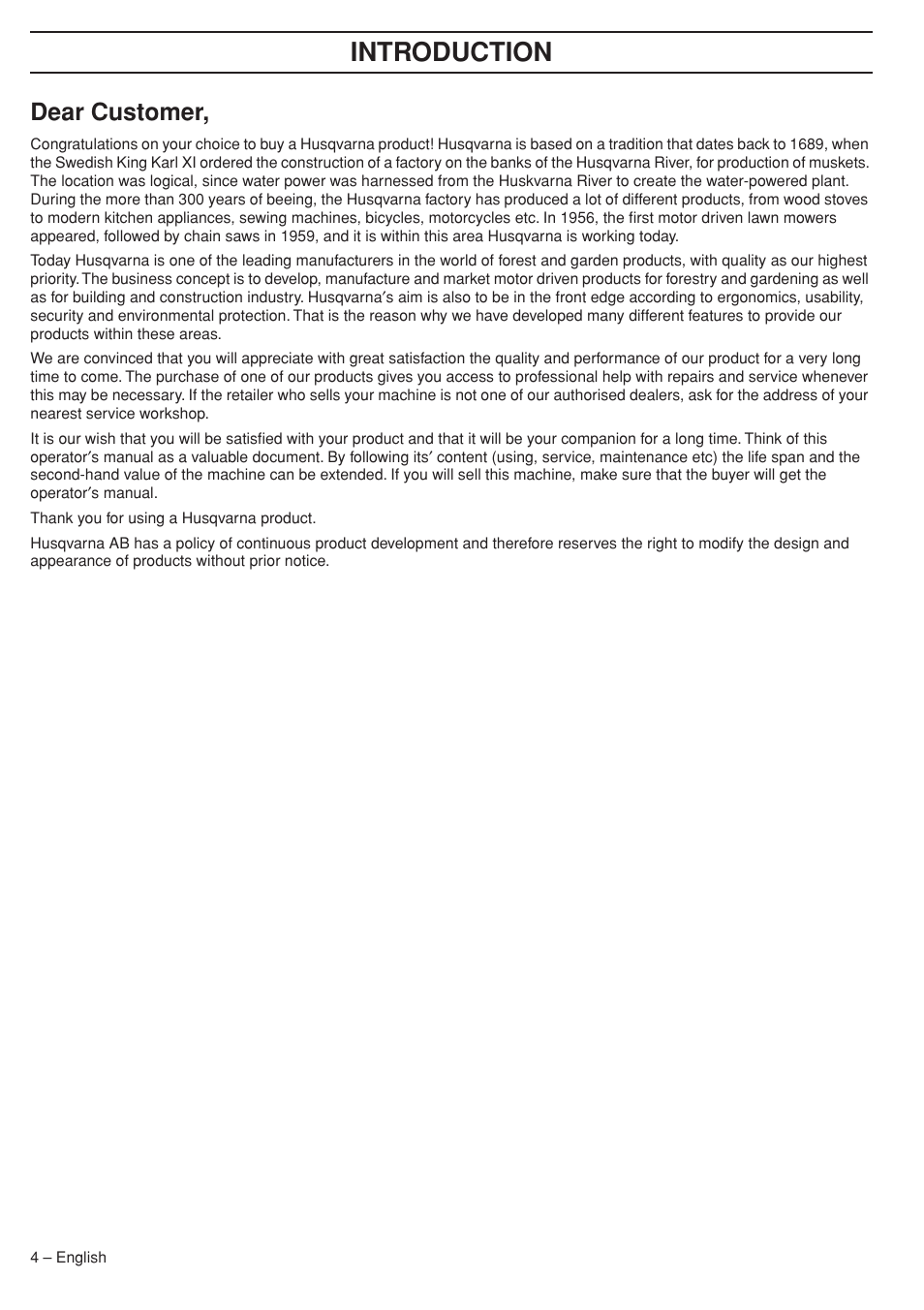 Dear customer, Intr oduction | Husqvarna 333RJ User Manual | Page 4 / 36