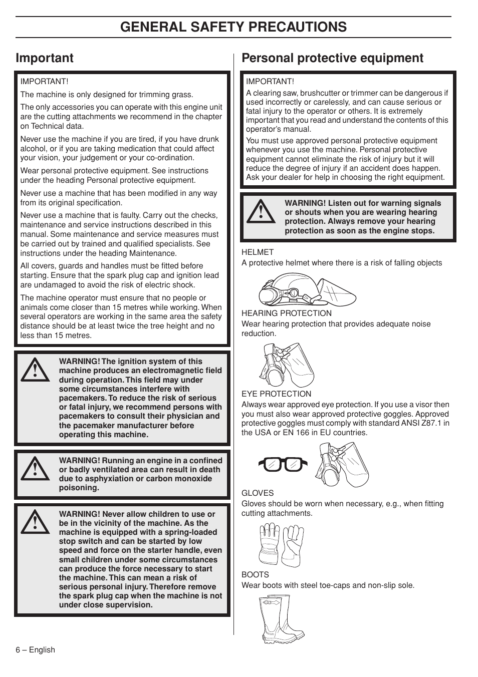 Important, Personal protective equipment, General safety preca utions | Impor tant personal protective equipment | Husqvarna 333RJ User Manual | Page 6 / 36