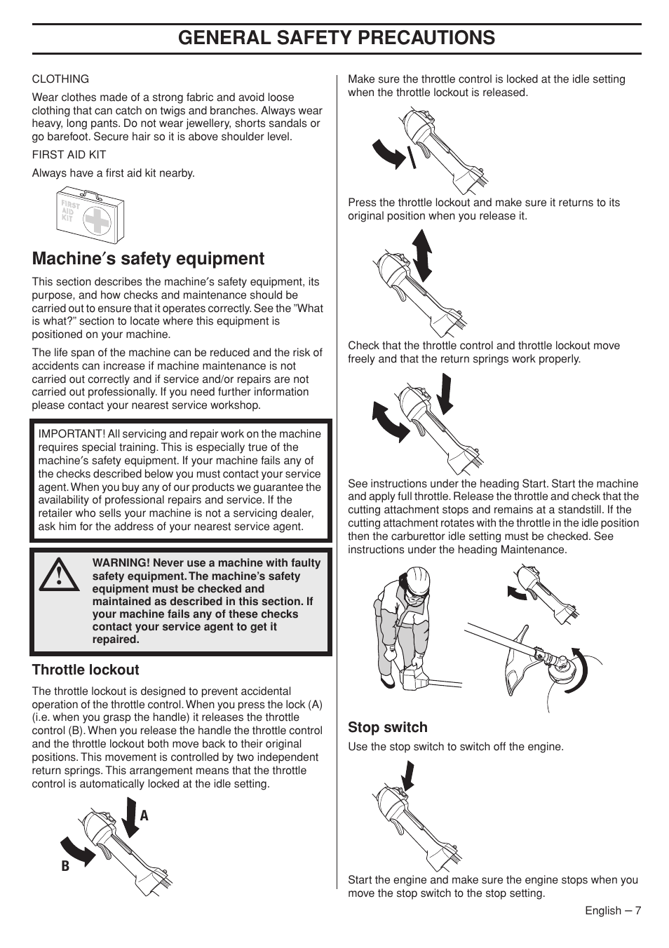 Machine¢s safety equipment, Throttle lockout, Stop switch | General safety preca utions, Mac hine ′ s safety equipment | Husqvarna 333RJ User Manual | Page 7 / 36