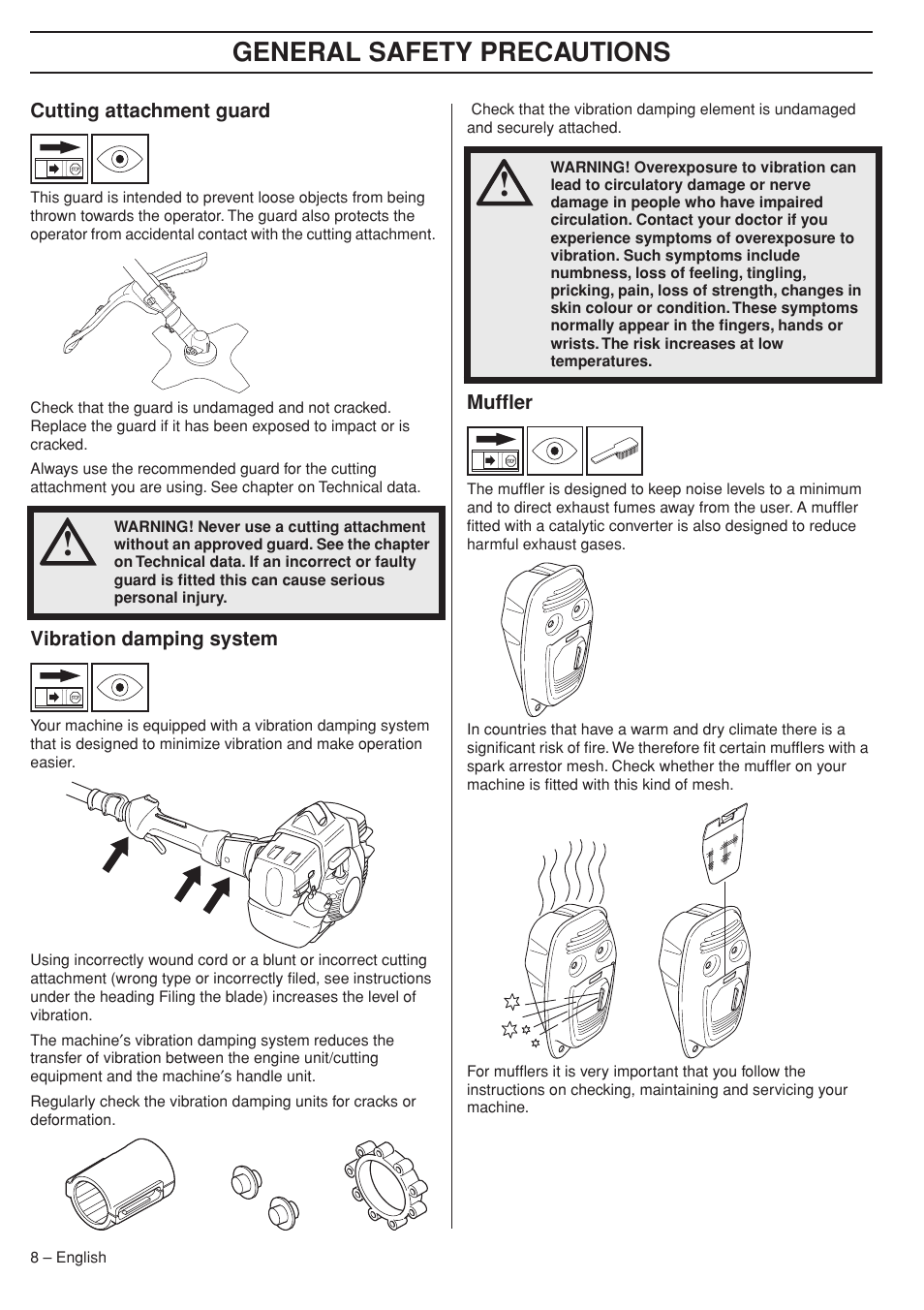 Cutting attachment guard, Vibration damping system, Muffler | General safety preca utions | Husqvarna 333RJ User Manual | Page 8 / 36