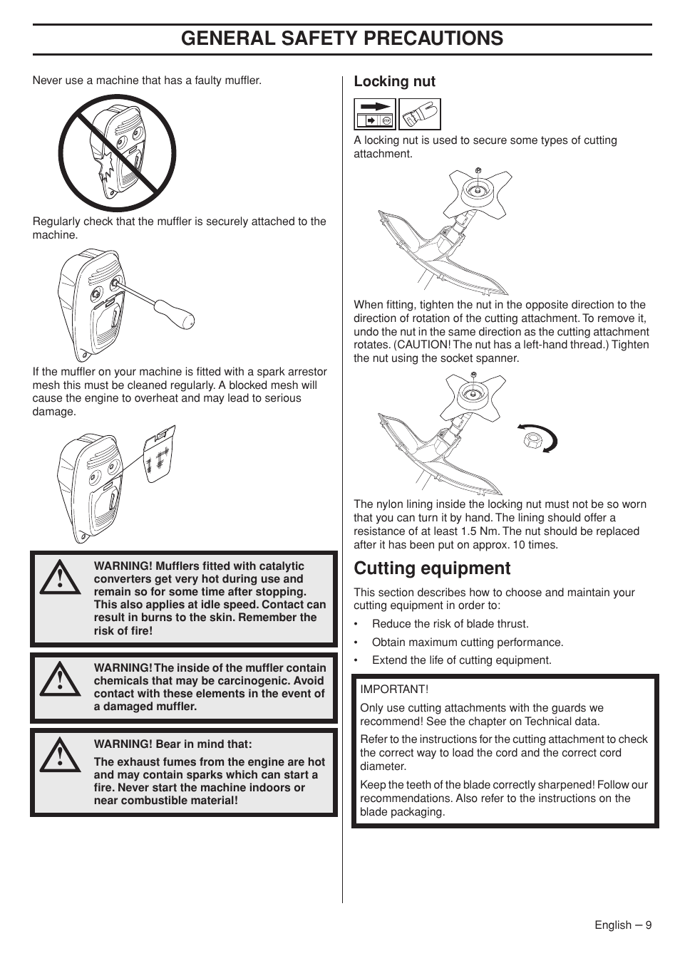 Locking nut, Cutting equipment, General safety precautions | Husqvarna 333RJ User Manual | Page 9 / 36