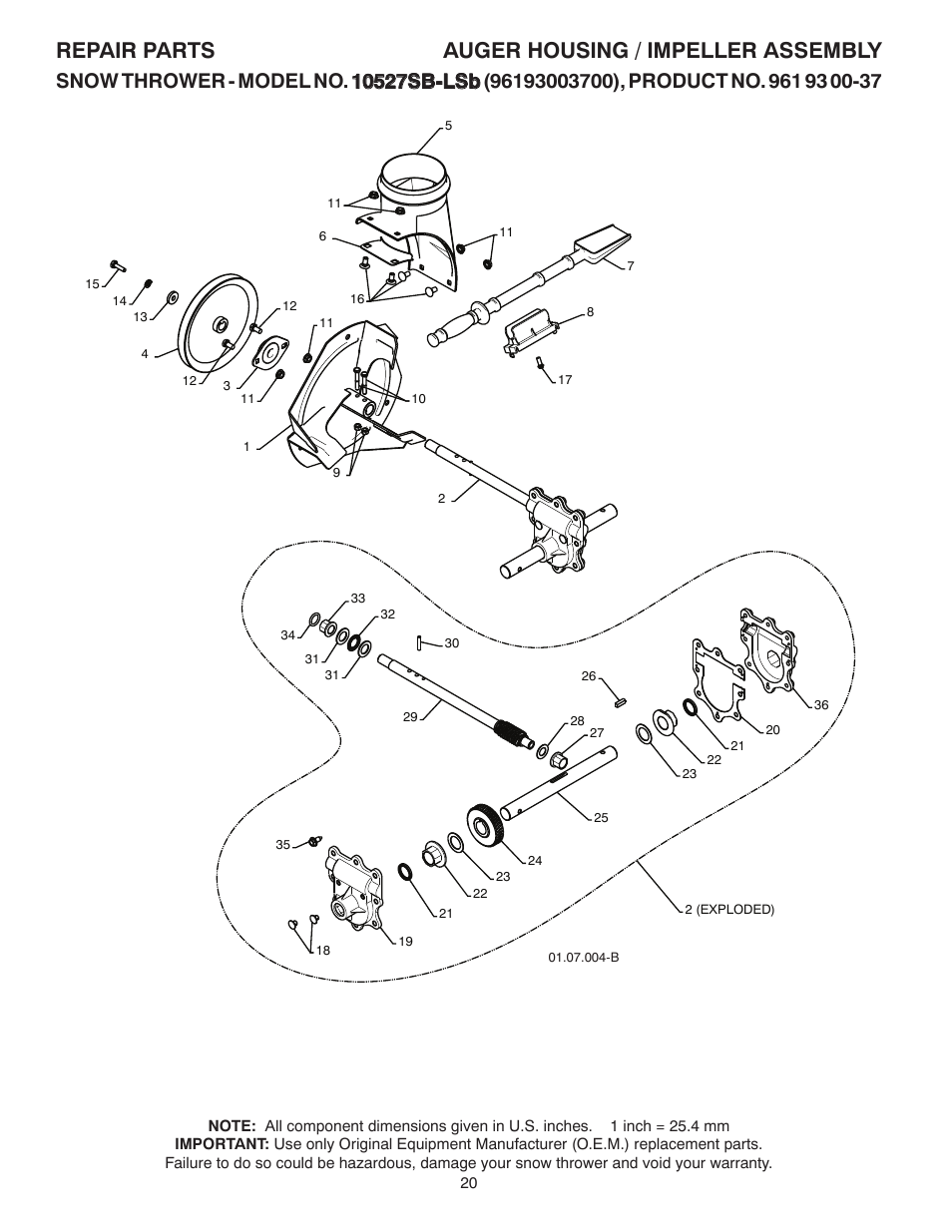 Auger impeller / auger gearbox, Repair parts auger housing / impeller assembly | Husqvarna 10527SB-LS User Manual | Page 20 / 40