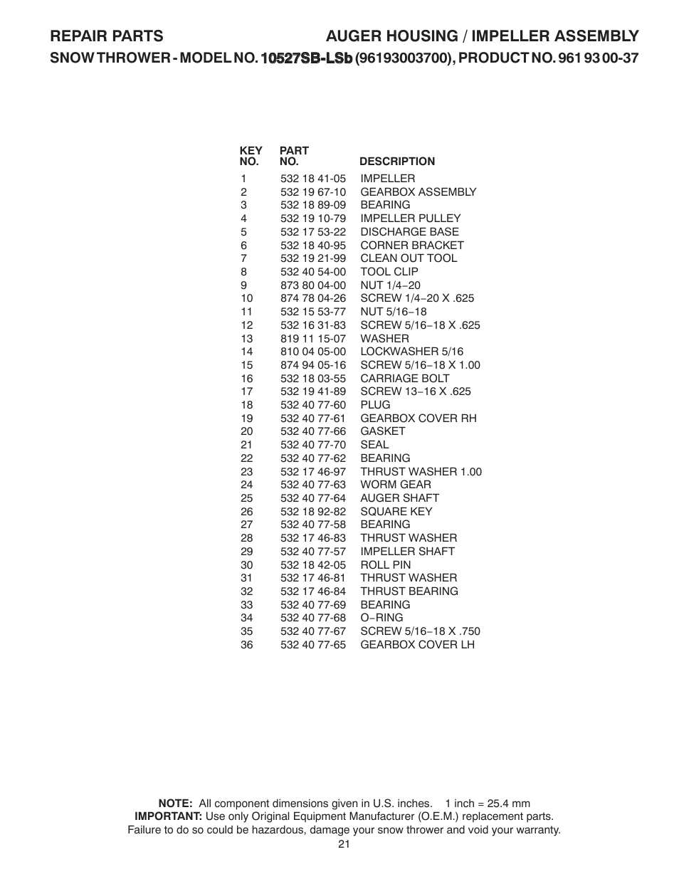 Repair parts auger housing / impeller assembly | Husqvarna 10527SB-LS User Manual | Page 21 / 40