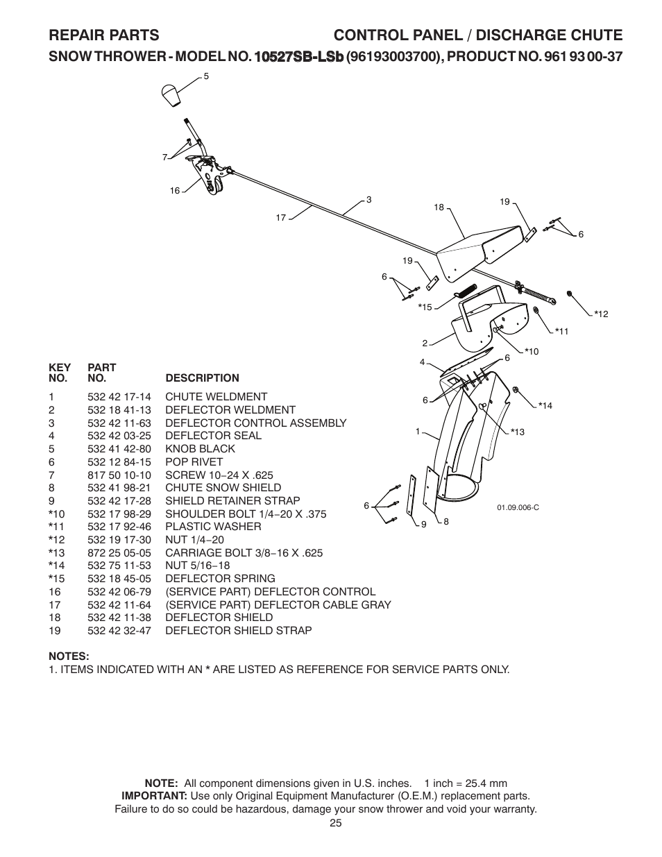 Discharge chute, Repair parts control panel / discharge chute | Husqvarna 10527SB-LS User Manual | Page 25 / 40