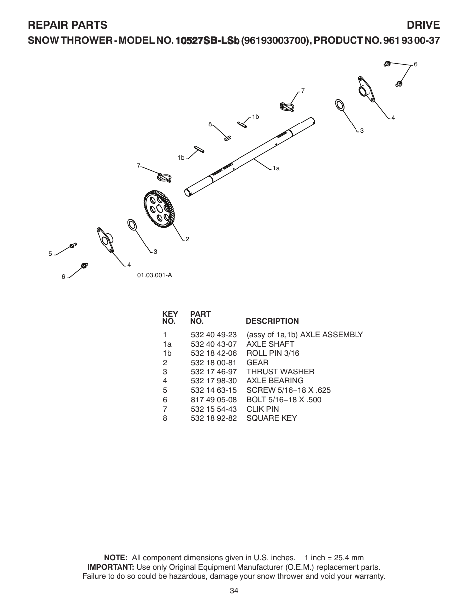 Axle, Repair parts drive | Husqvarna 10527SB-LS User Manual | Page 34 / 40