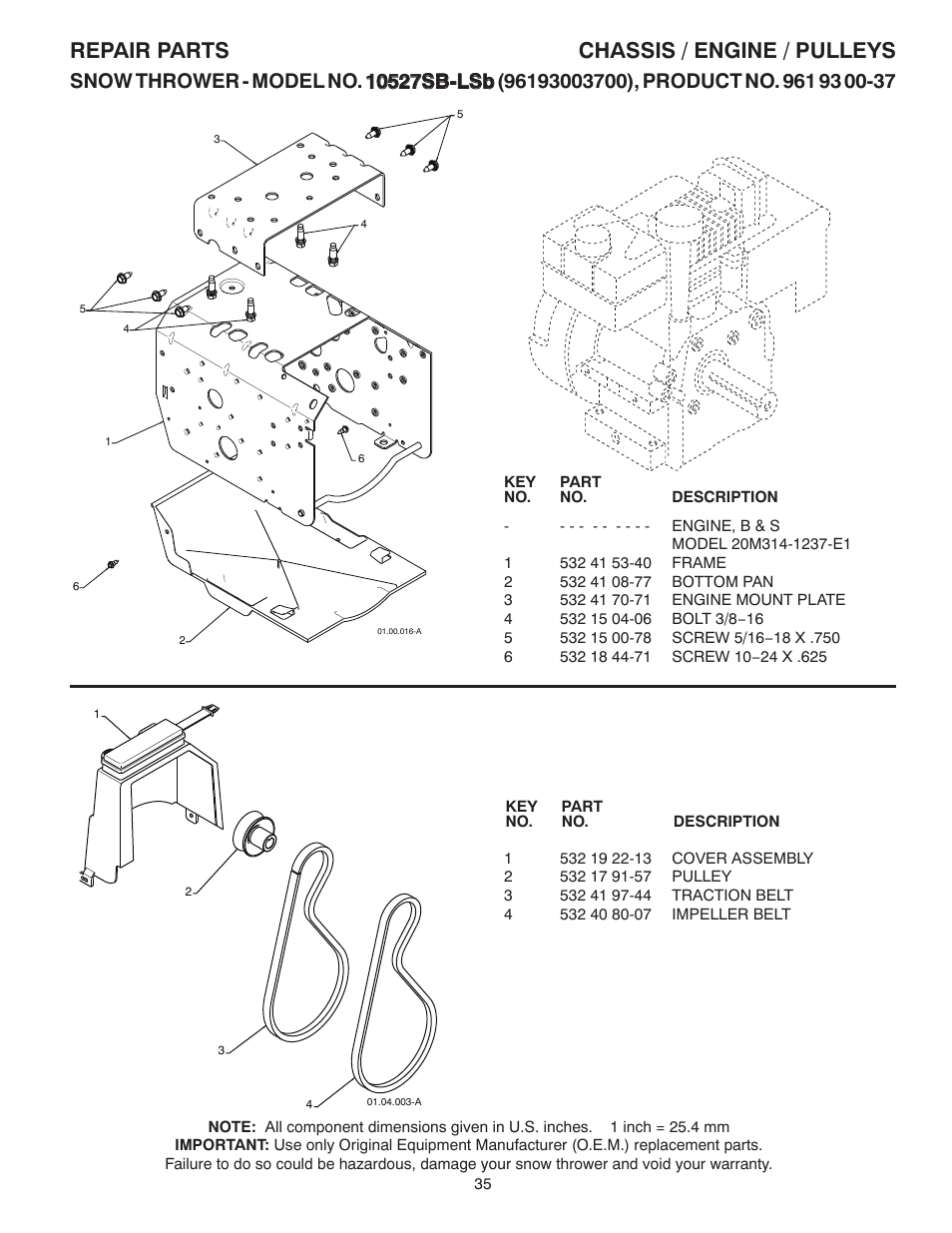 Chassis / engine, Belts, Repair parts chassis / engine / pulleys | Husqvarna 10527SB-LS User Manual | Page 35 / 40