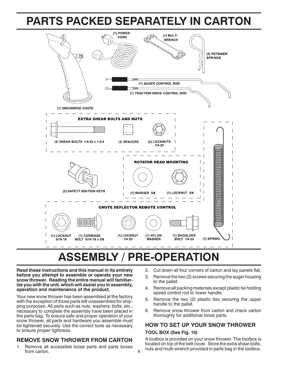 Assembly / pre-operation, Parts packed separately in carton | Husqvarna 10527SB-LS User Manual | Page 4 / 40