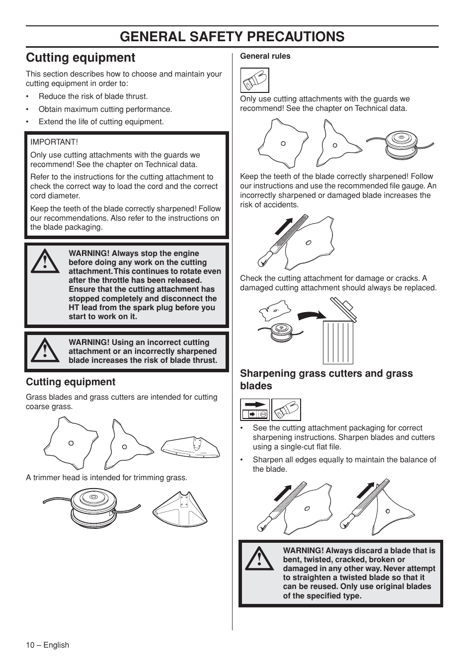 Cutting equipment, Sharpening grass cutters and grass blades, General safety precautions | Husqvarna 327RJx User Manual | Page 10 / 36