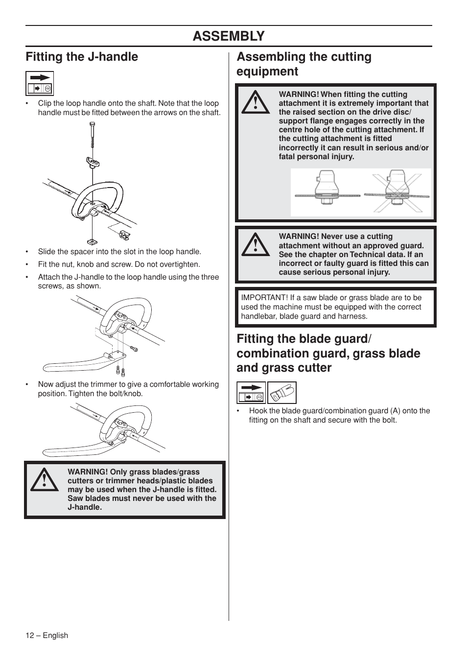 Fitting the j-handle, Assembling the cutting equipment, Assembly | Husqvarna 327RJx User Manual | Page 12 / 36