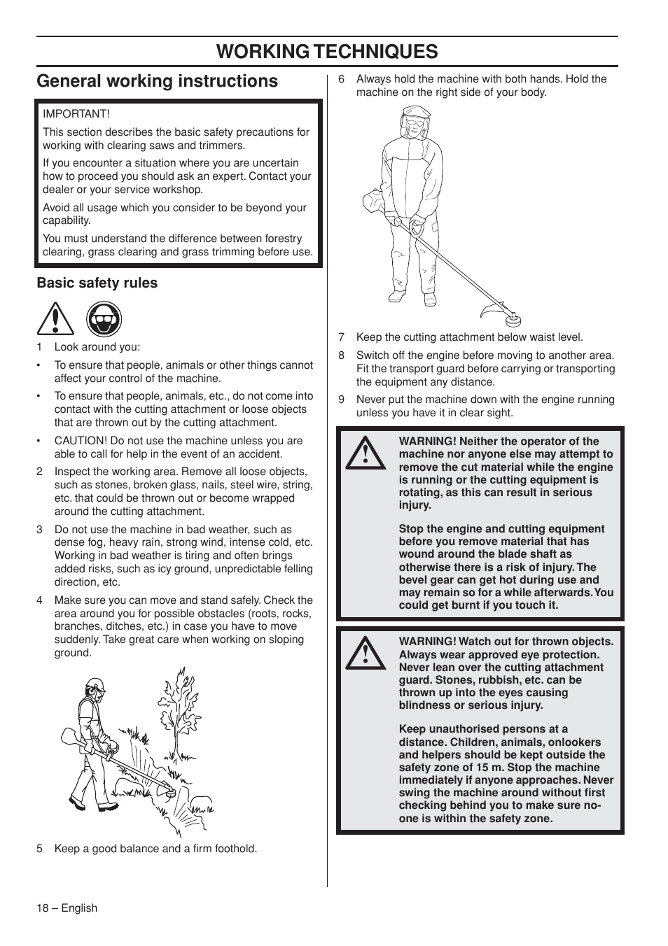 General working instructions, Basic safety rules, Working techniques | Husqvarna 327RJx User Manual | Page 18 / 36