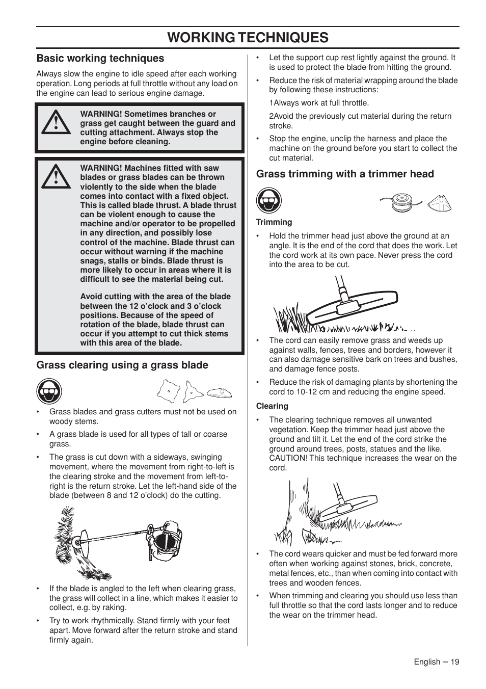 Basic working techniques, Grass clearing using a grass blade, Grass trimming with a trimmer head | Working techniques | Husqvarna 327RJx User Manual | Page 19 / 36