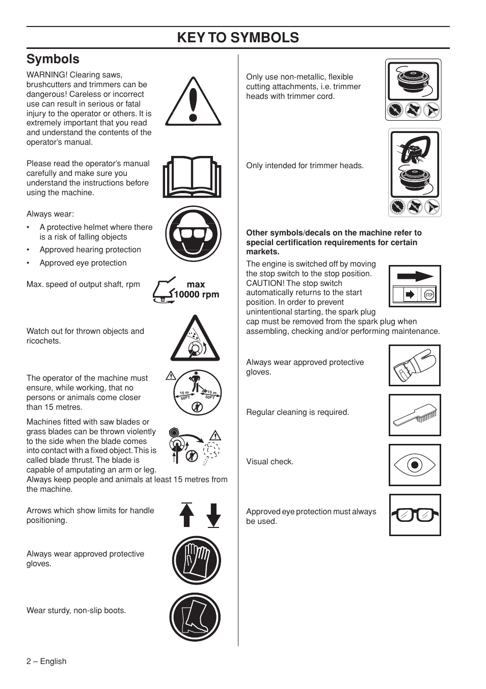 Symbols, Key t o symbols | Husqvarna 327RJx User Manual | Page 2 / 36