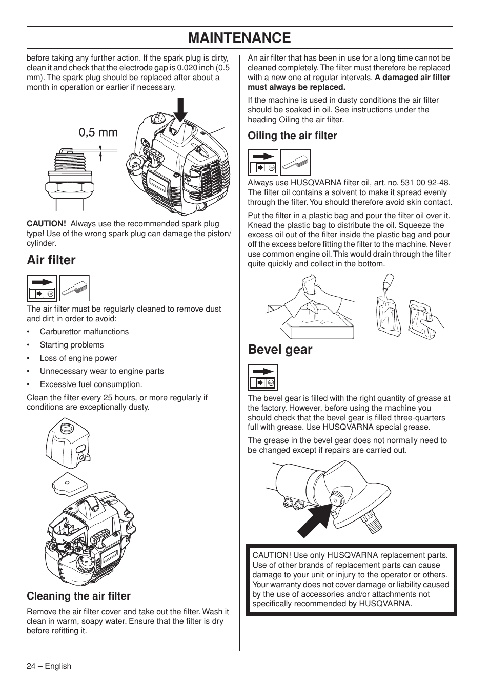 Air filter, Cleaning the air filter, Oiling the air filter | Bevel gear, Maintenance | Husqvarna 327RJx User Manual | Page 24 / 36