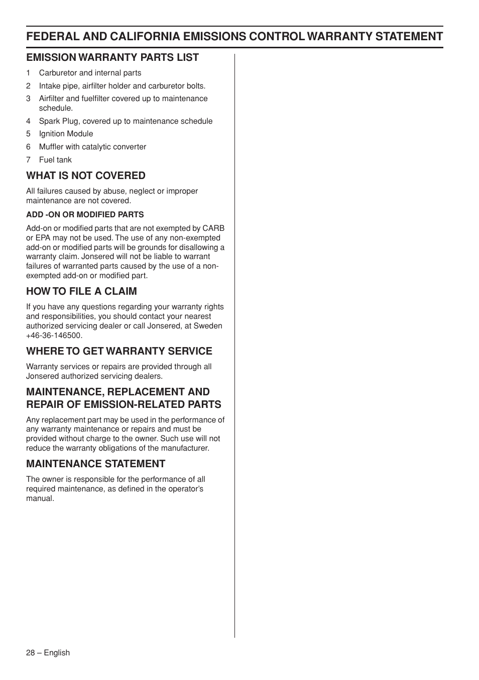 Emission warranty parts list, What is not covered, How to file a claim | Where to get warranty service, Maintenance statement | Husqvarna 327RJx User Manual | Page 28 / 36