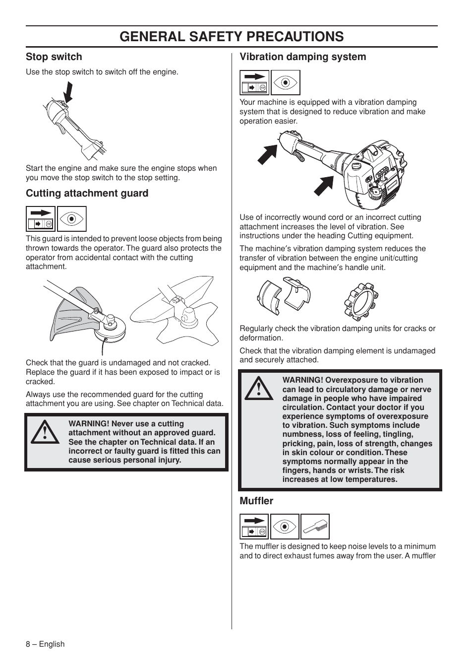 Stop switch, Cutting attachment guard, Vibration damping system | Muffler, General safety preca utions | Husqvarna 327RJx User Manual | Page 8 / 36