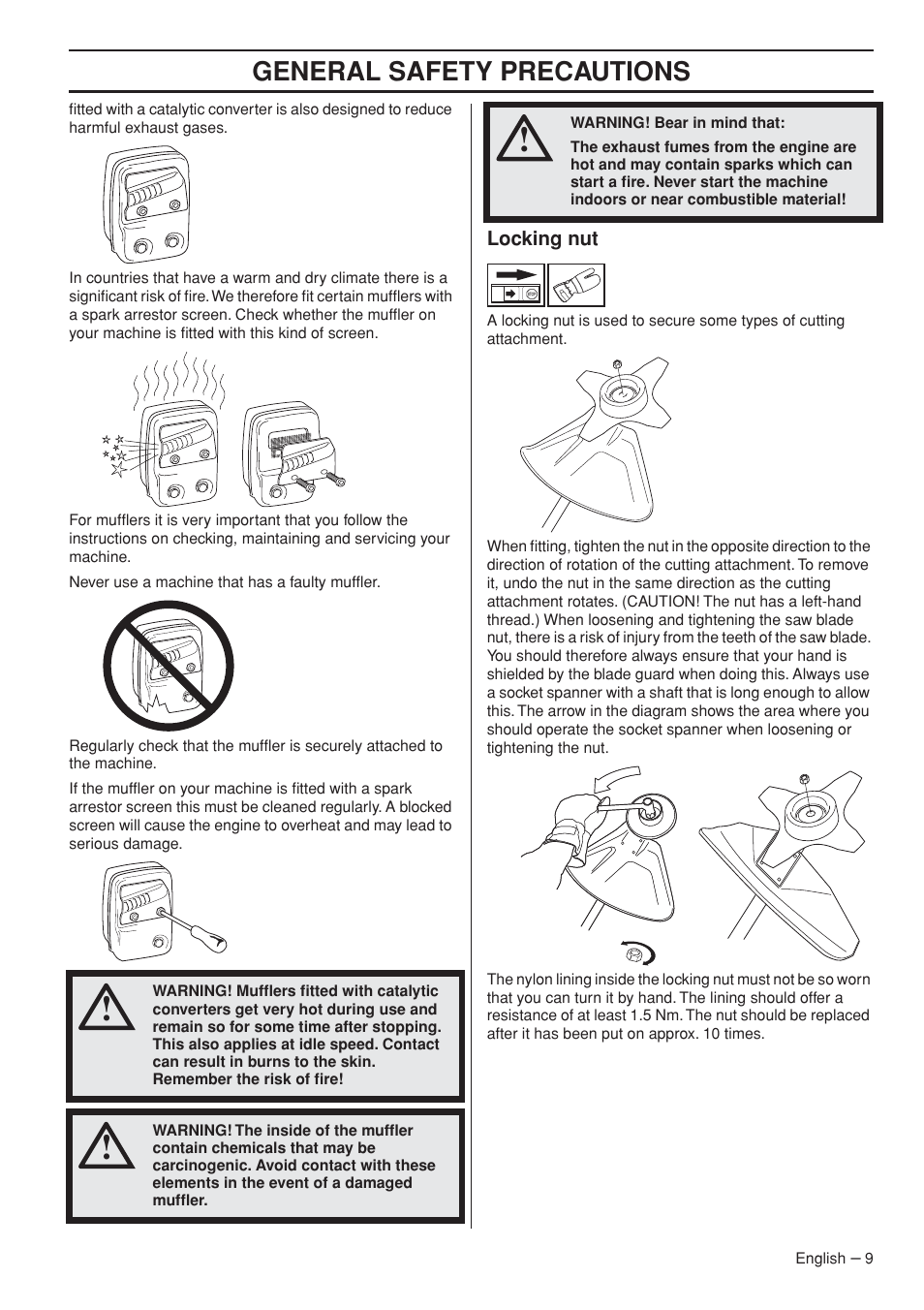 Locking nut, General safety precautions | Husqvarna 327RJx User Manual | Page 9 / 36