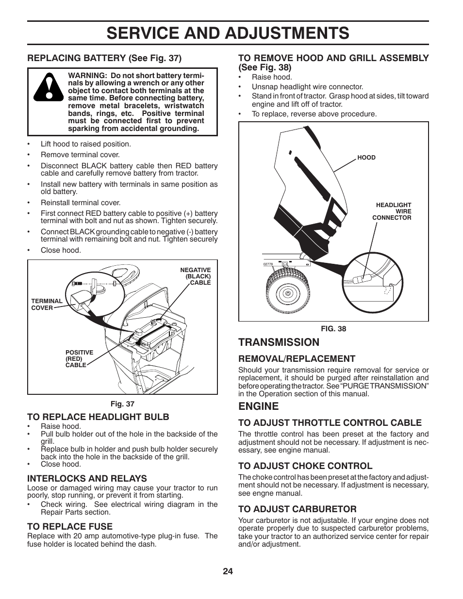 Service and adjustments, Engine, Transmission | Husqvarna 2348 LS User Manual | Page 24 / 46