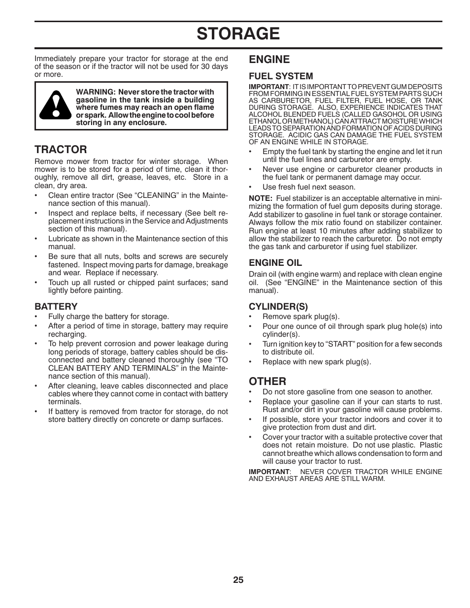 Storage, Tractor, Engine | Other | Husqvarna 2348 LS User Manual | Page 25 / 46