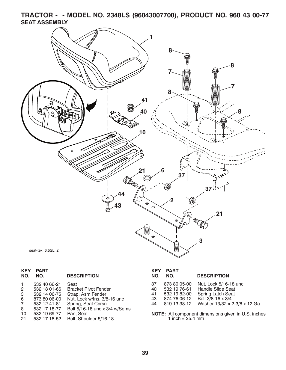 Seat assembly | Husqvarna 2348 LS User Manual | Page 39 / 46
