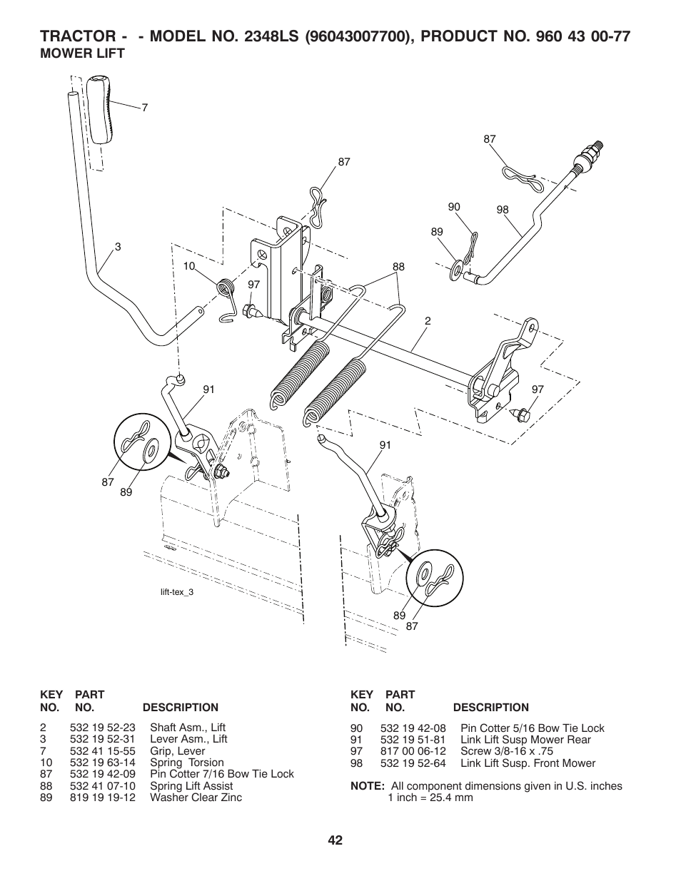 Mower lift | Husqvarna 2348 LS User Manual | Page 42 / 46