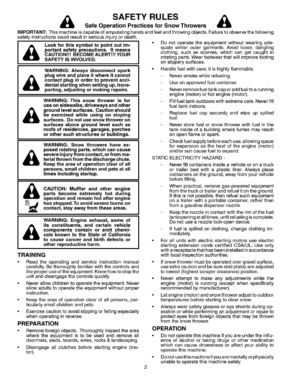 Safe operation practices for snow throwers, Operation, Training | Preparation, Safety rules | Husqvarna 10527STE User Manual | Page 2 / 32